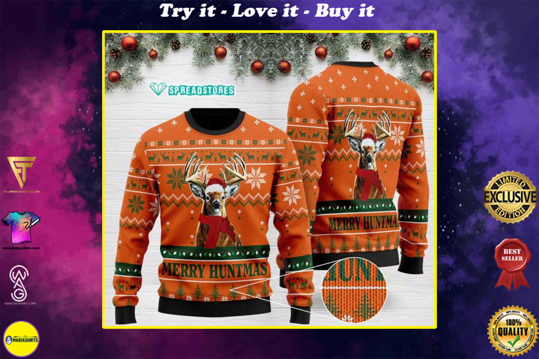 merry huntmas deer hunting full printing christmas ugly sweater
