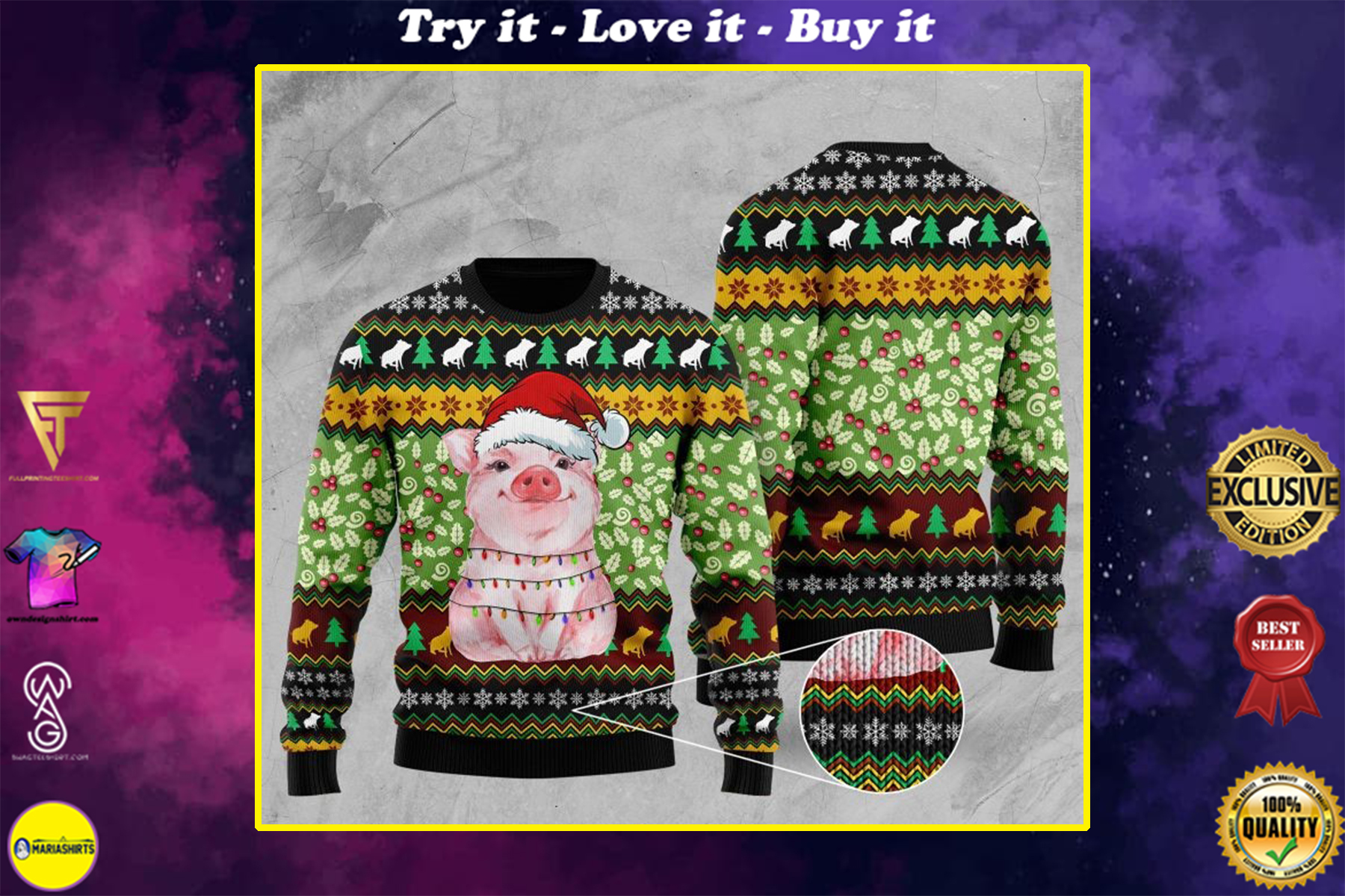 piggy with christmas light full printing ugly sweater