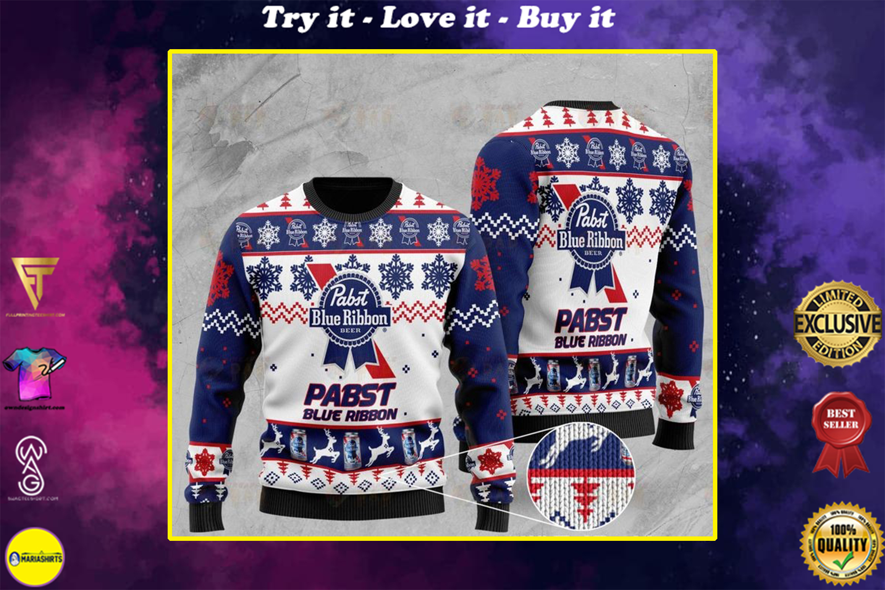 pabst blue ribbon full printing ugly sweater