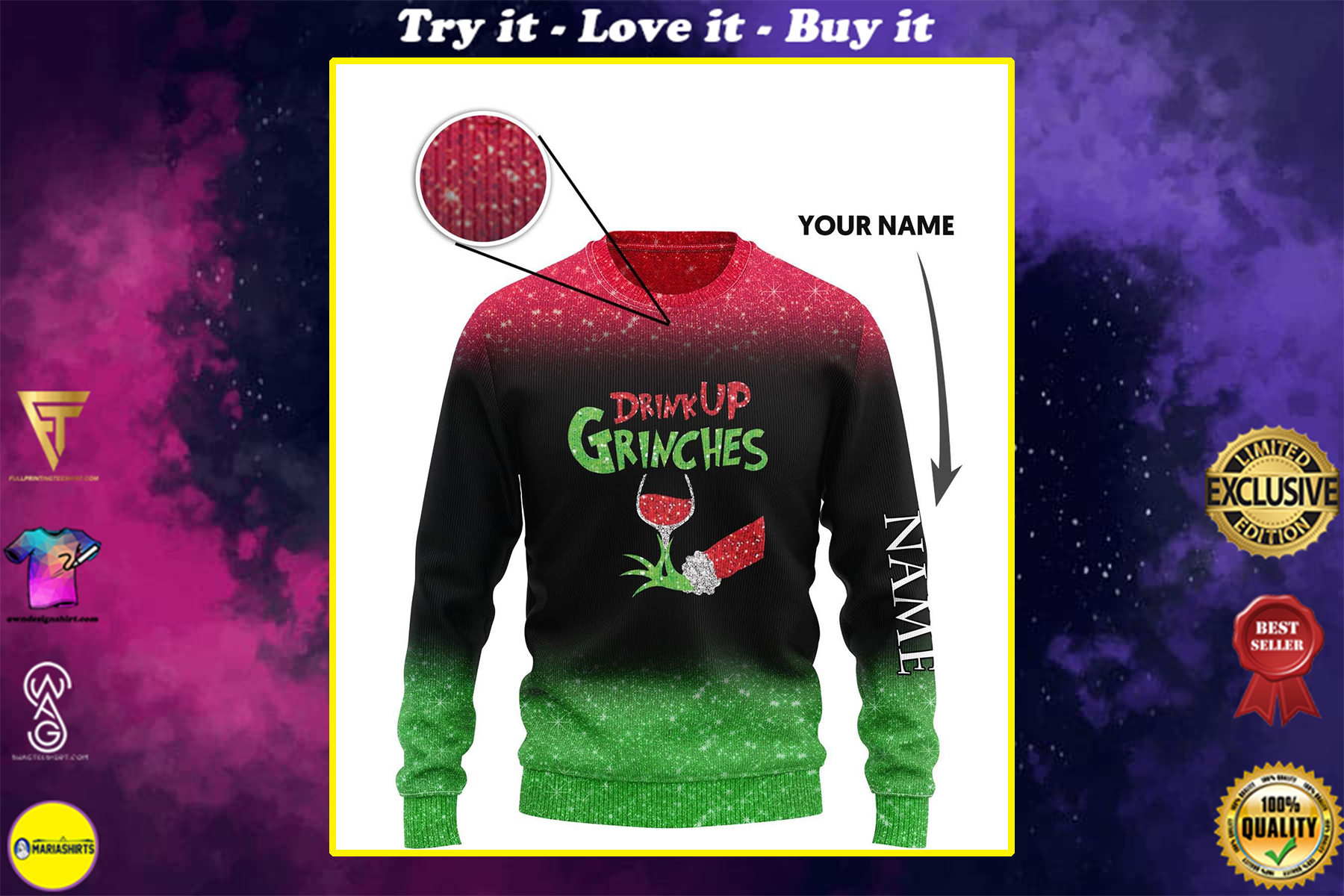 [highest selling] custom name the gricnh drink up green hand with glass of red wine ugly sweater – maria