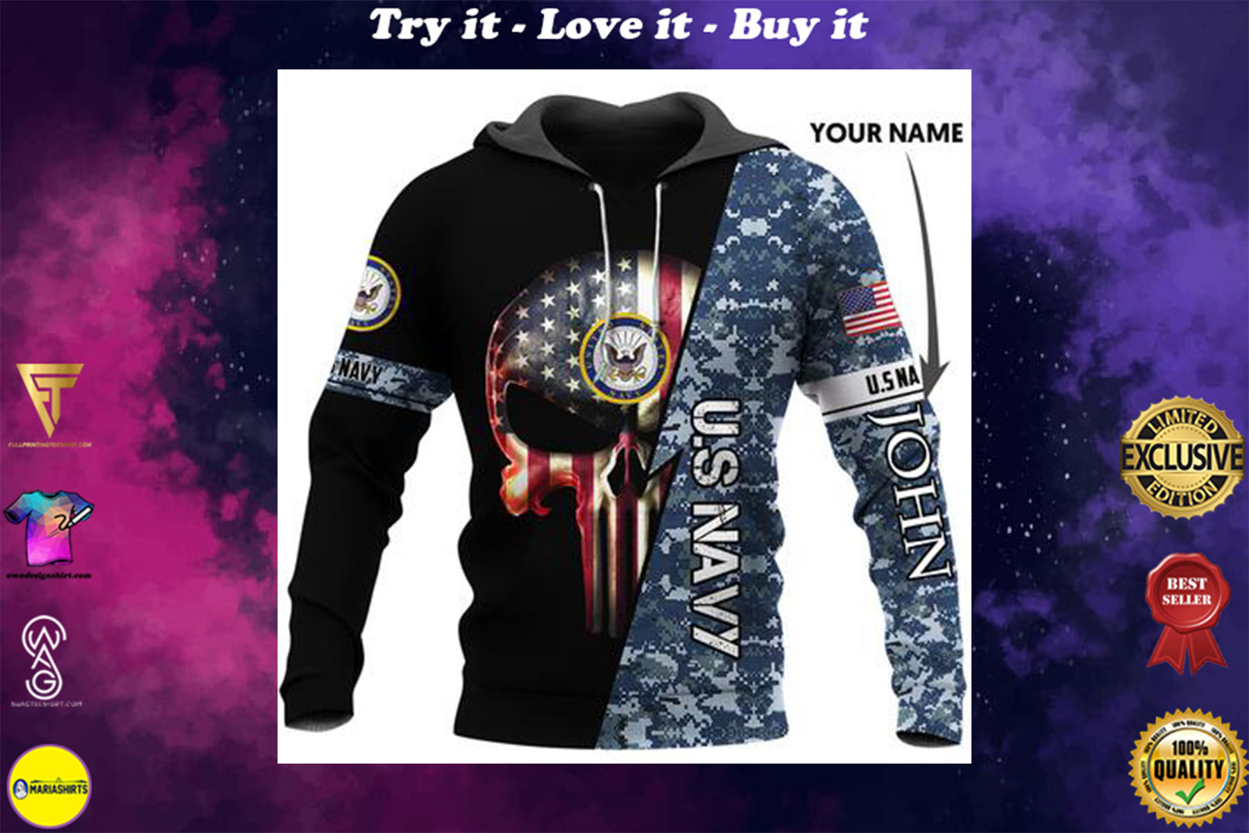 custom name us navy skull american flag camo full over printed shirt