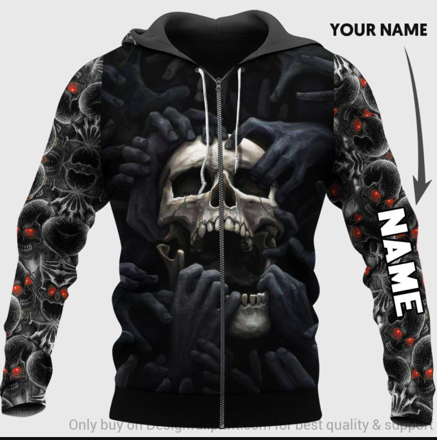 Skull and black hand all over printed 3D zip hoodie