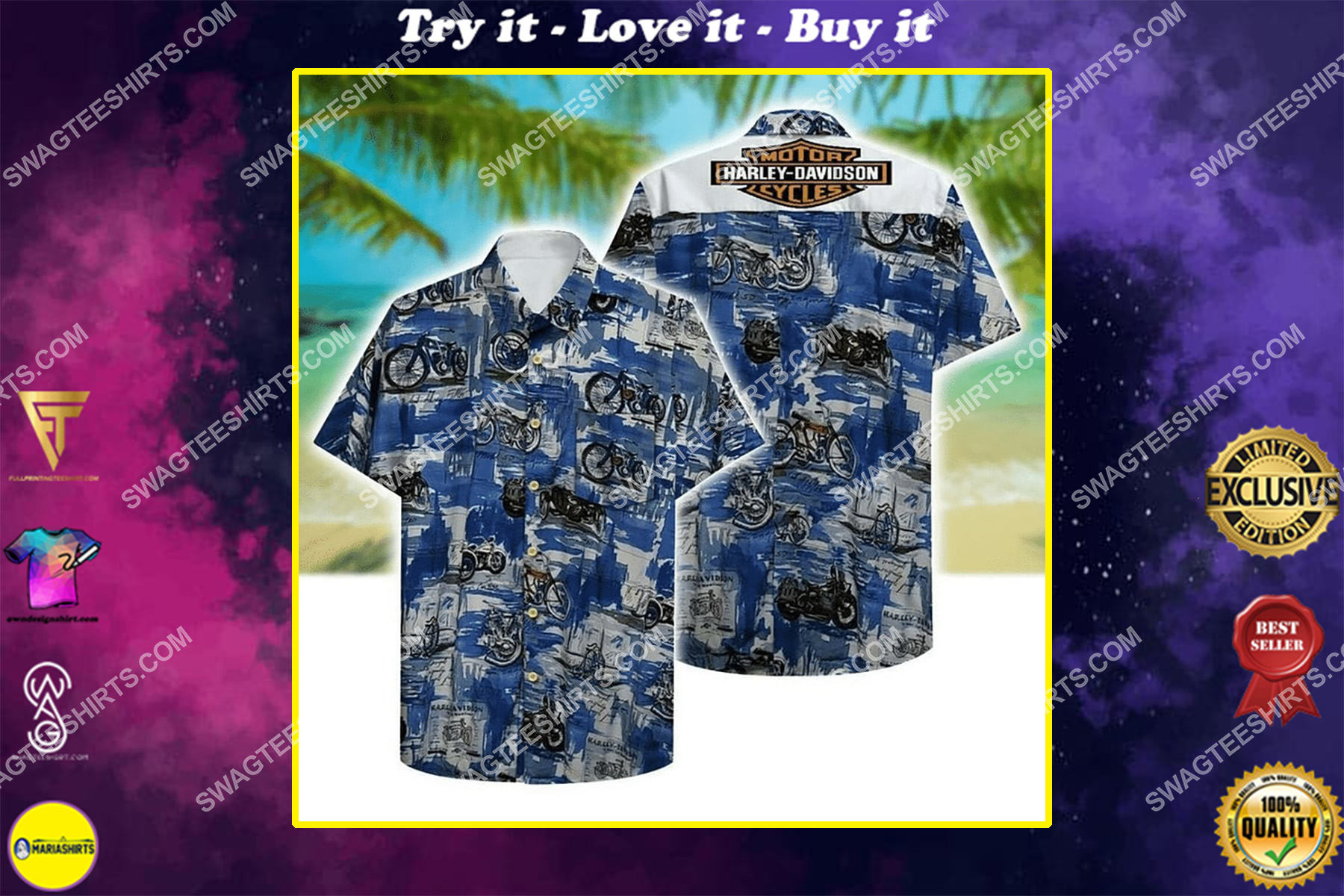 tropical harley davidson motorcycles all over print hawaiian shirt