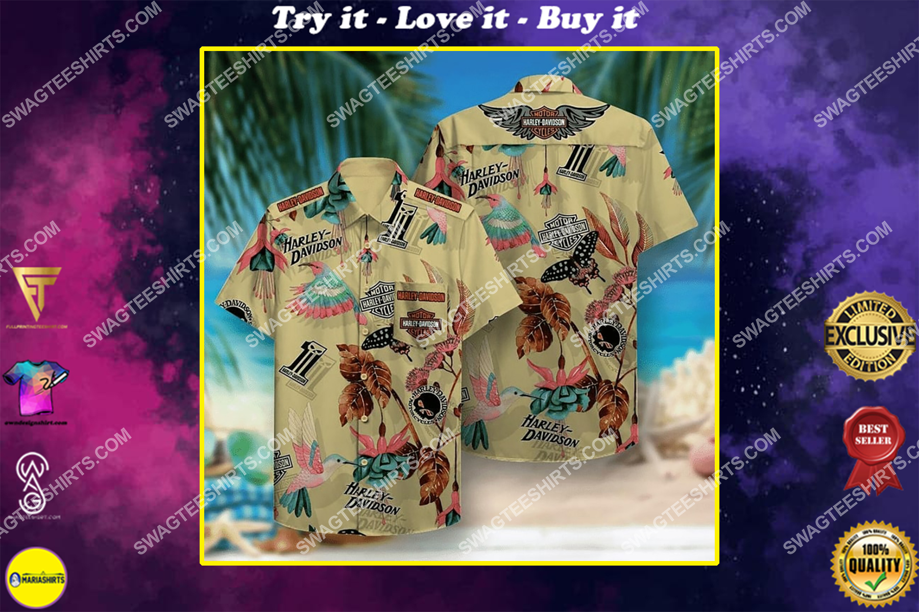 hummingbirds and harley davidson motorcycles all over print hawaiian shirt