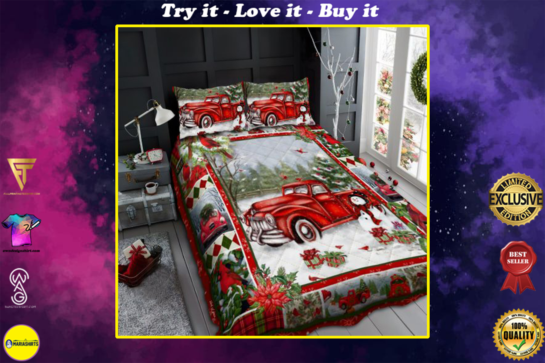 [highest selling] merry christmas and red truck all over print bedding set – maria