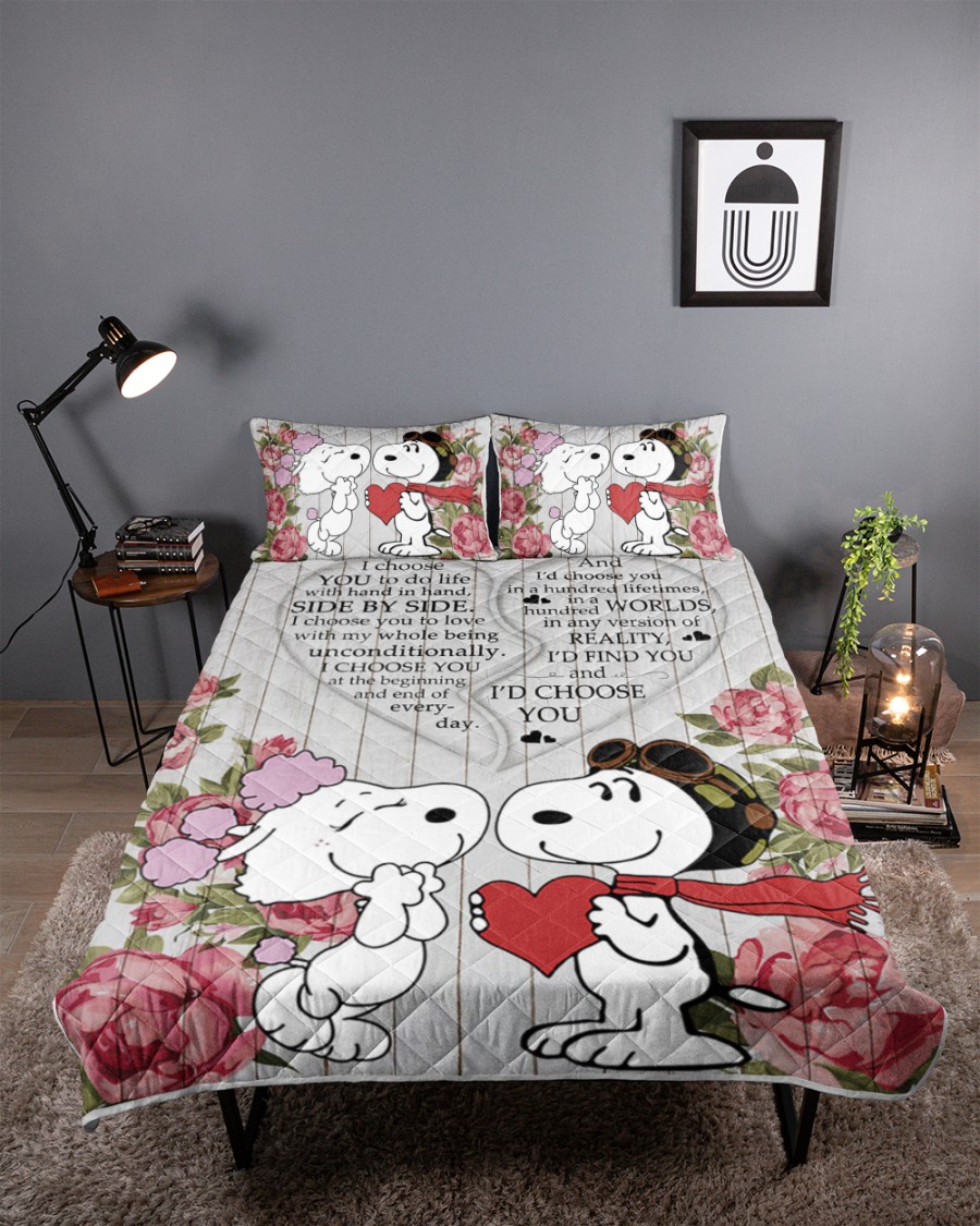 Snoopy i choose you to do life with hand in hand quilt bedding set 1