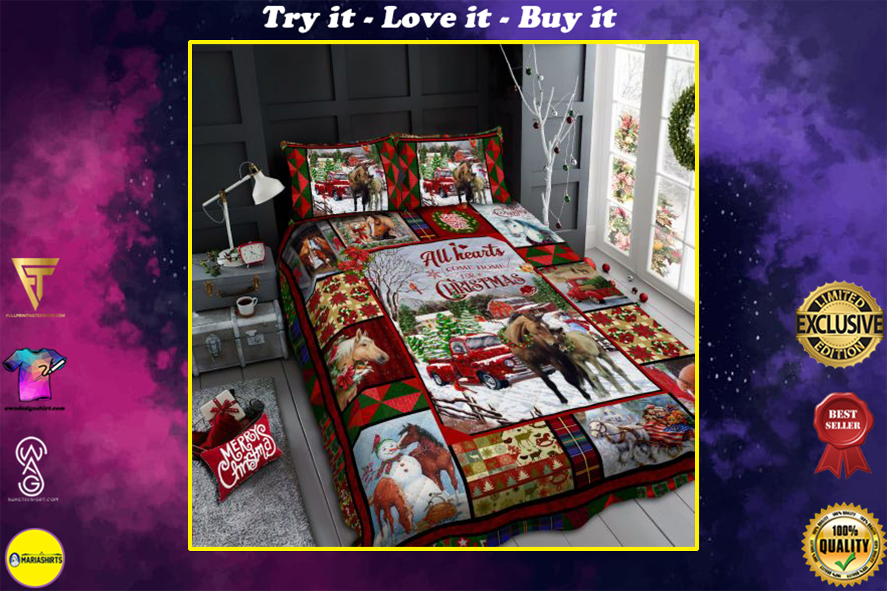 [highest selling] horse all hearts come home for christmas all over print bedding set - maria