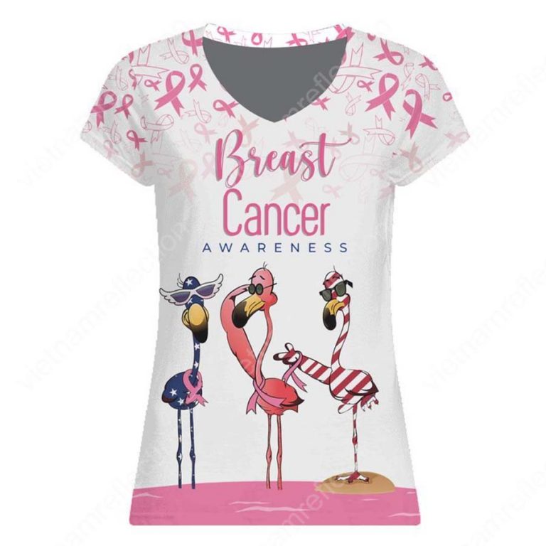 Breast cancer awareness flamingo american flag 3d v-neck