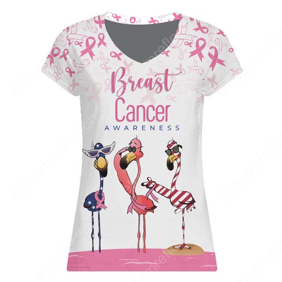 Breast cancer awareness flamingo american flag 3d v-neck