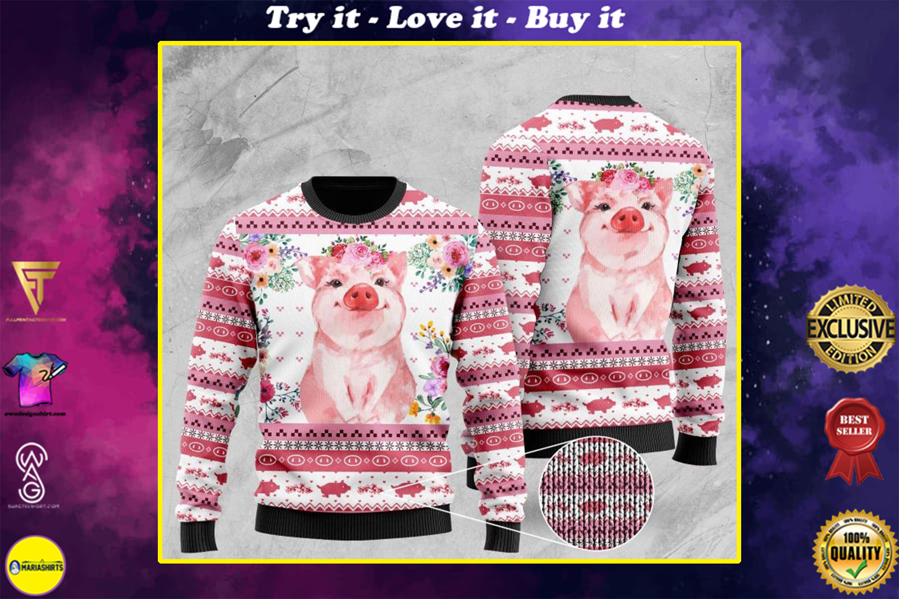 floral piggy pattern full printing christmas ugly sweater