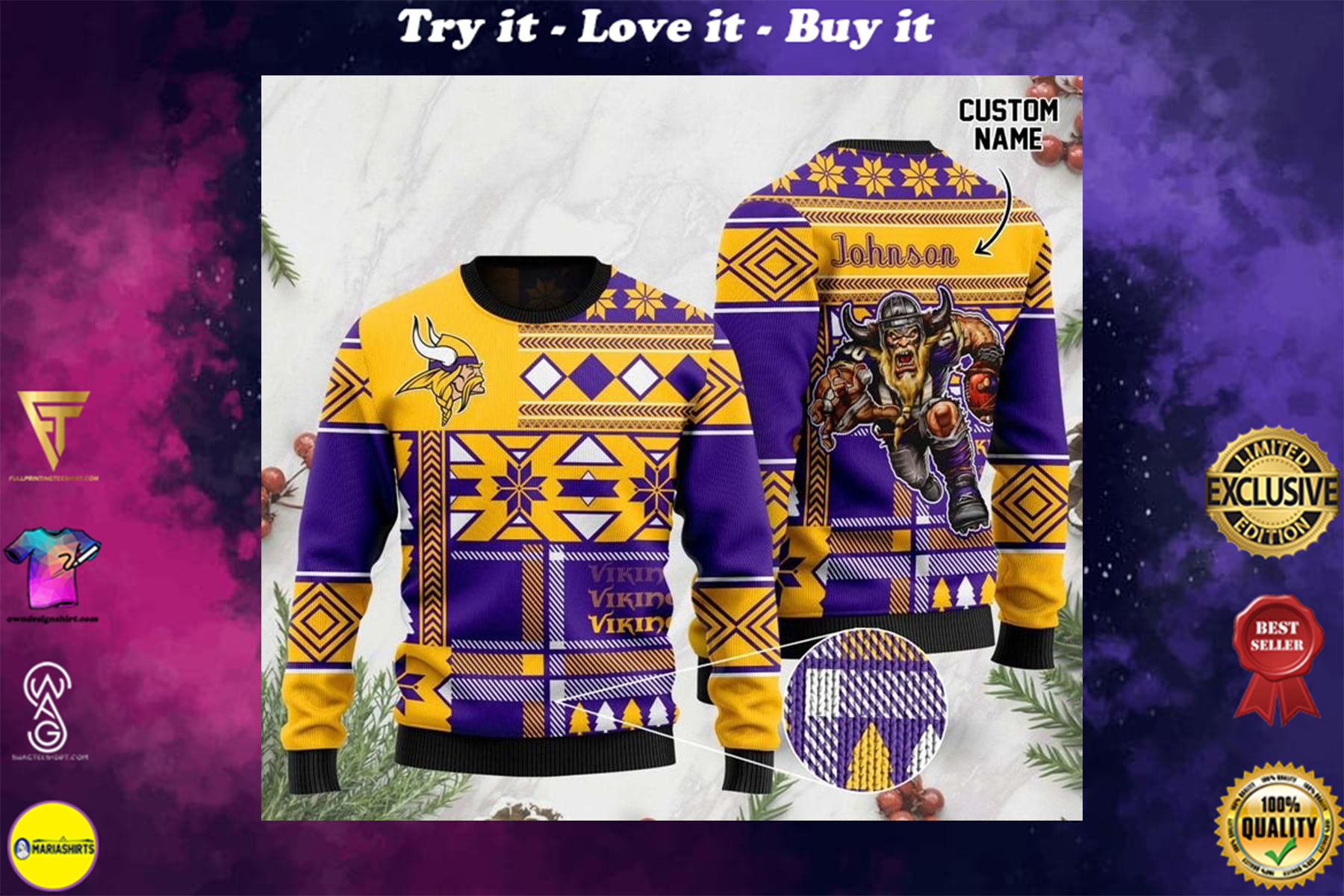 [highest selling] custom name minnesota vikings football team christmas ugly sweater – maria