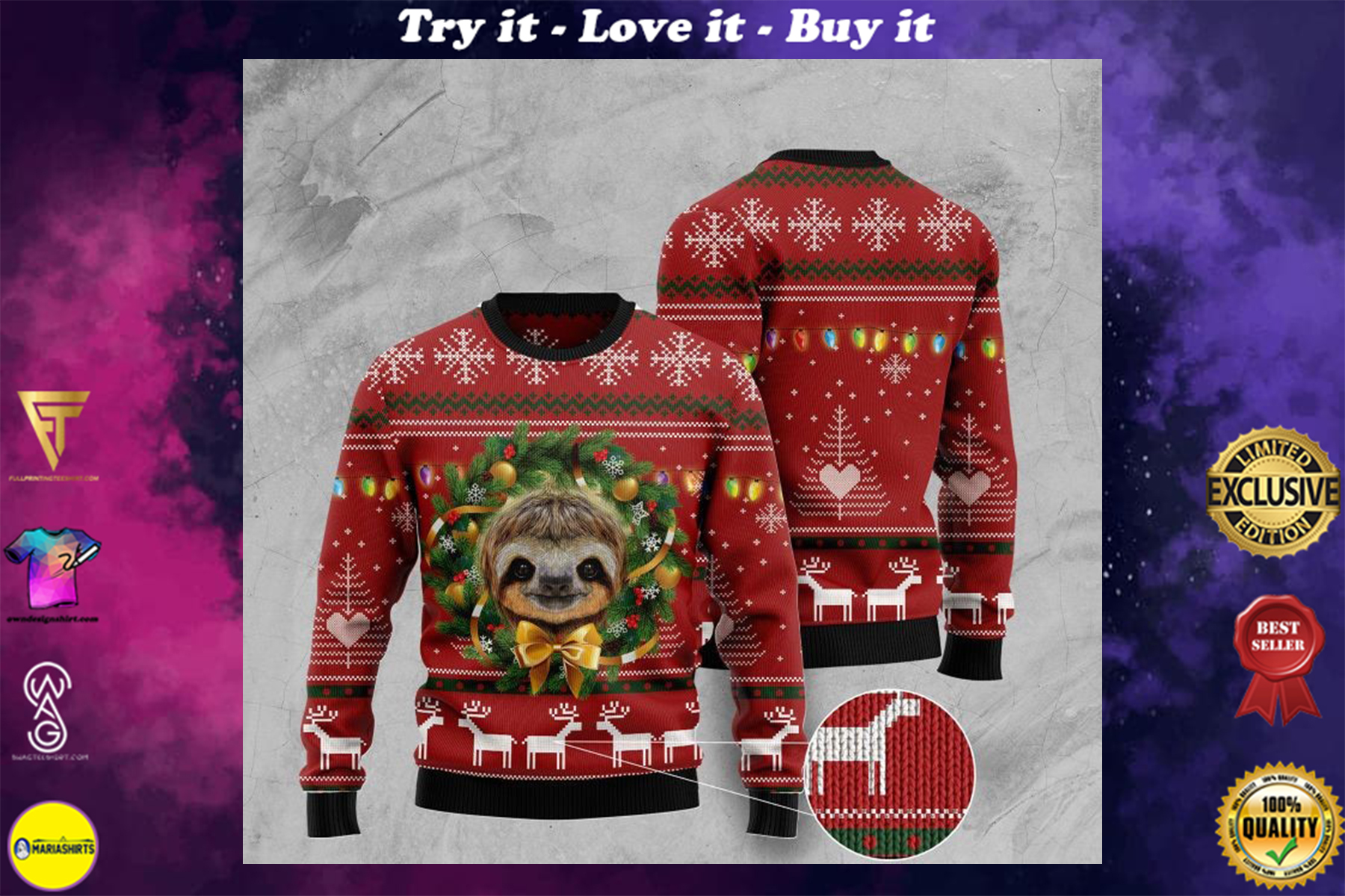 deer and sloth pattern full printing ugly christmas sweater