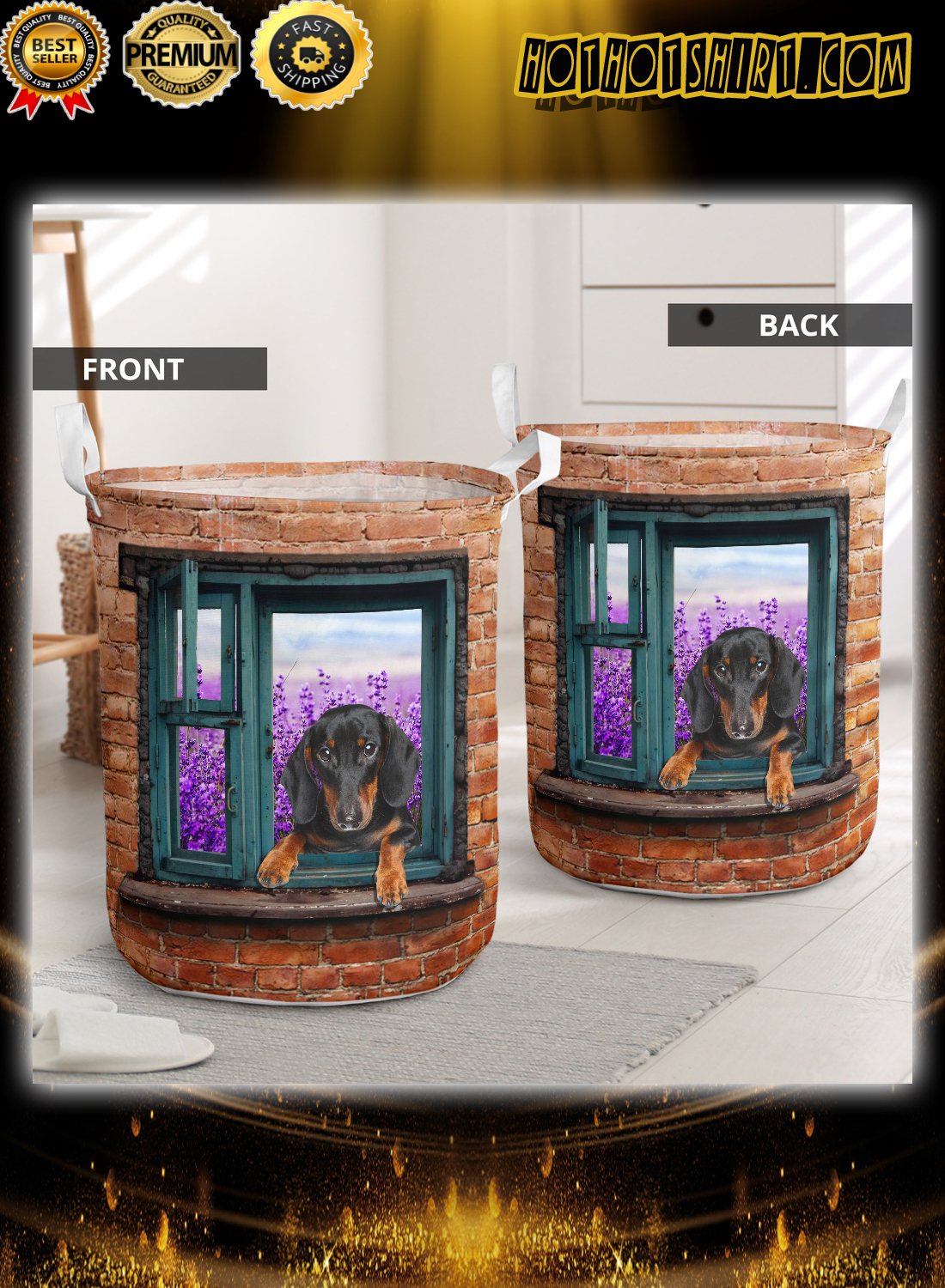 Dachshund climb brick window laundry basket