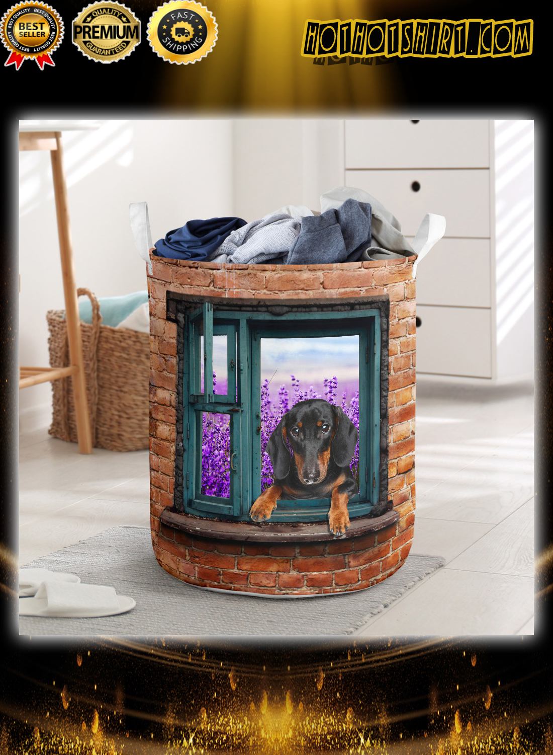 Dachshund climb brick window laundry basket