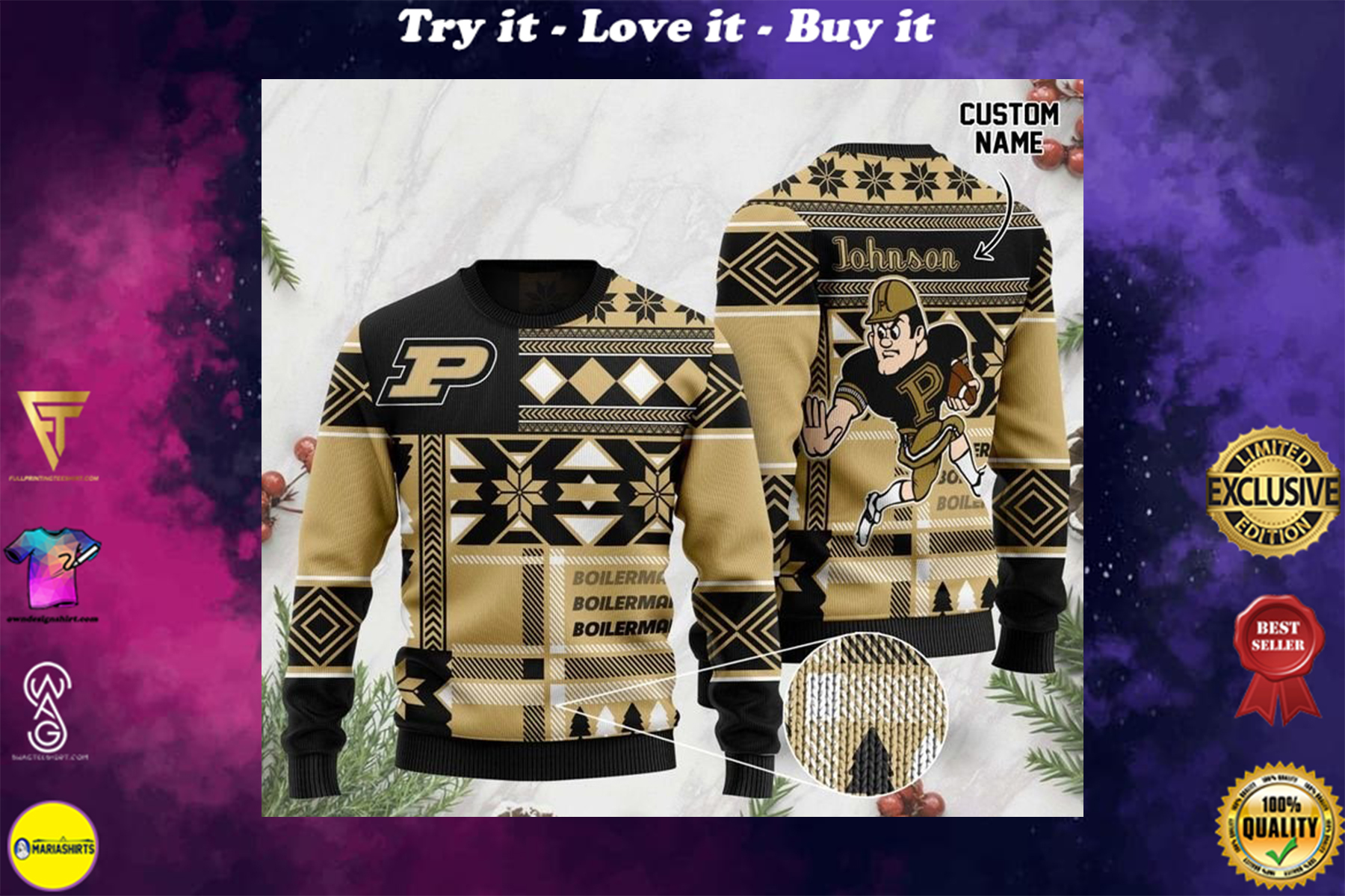 [highest selling] custom name purdue boilermakers football christmas ugly sweater - maria