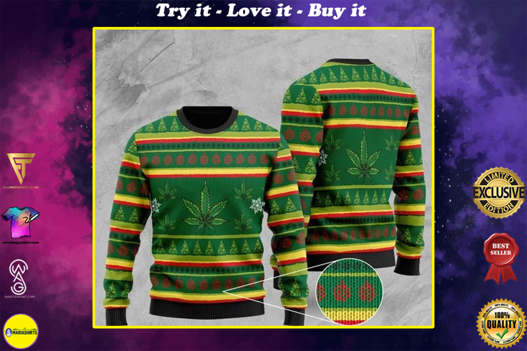 cannabis leaf pattern full printing christmas ugly sweater