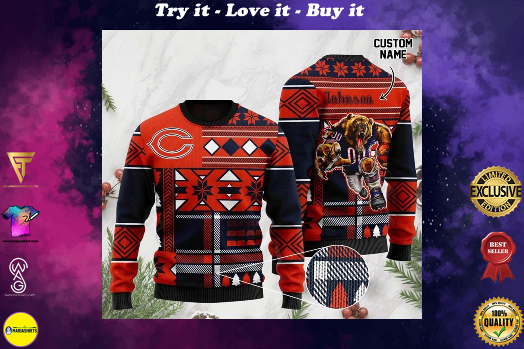 [highest selling] custom name chicago bears football team christmas ugly sweater – maria