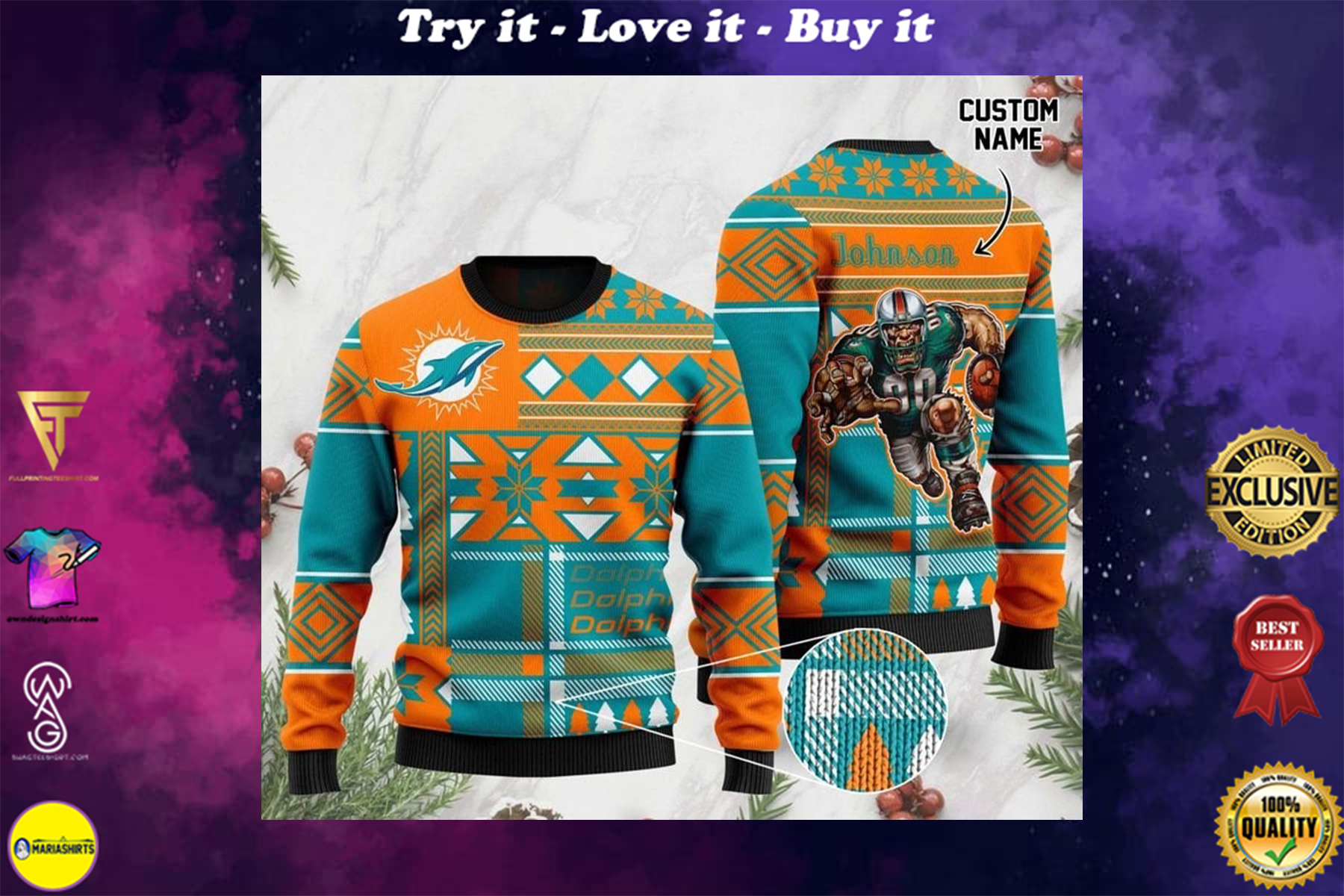 custom name miami dolphins football team christmas ugly sweater