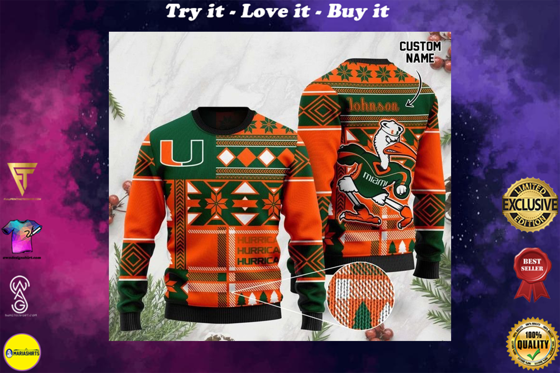 [highest selling] custom name miami hurricanes football christmas ugly sweater – maria