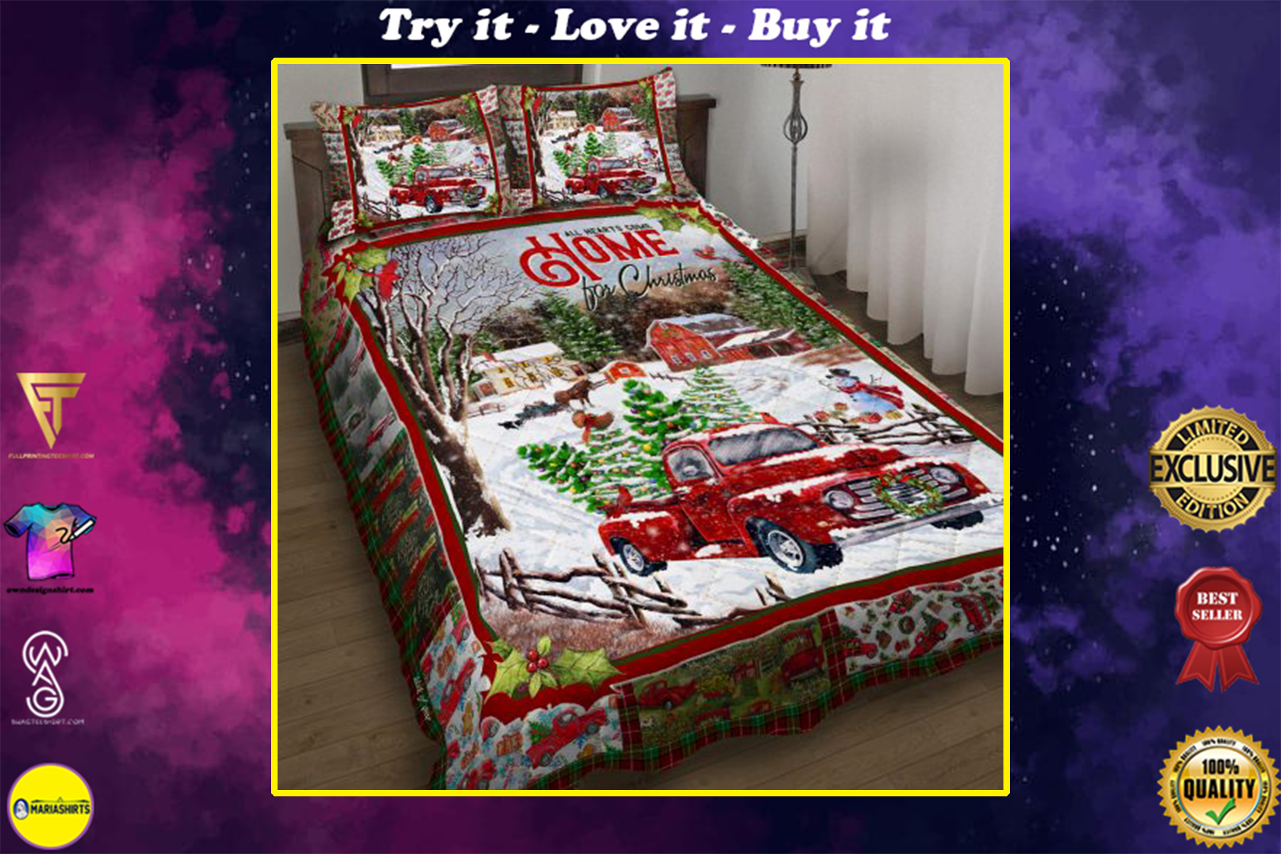 [highest selling] red truck all hearts come home for christmas all over print bedding set - maria