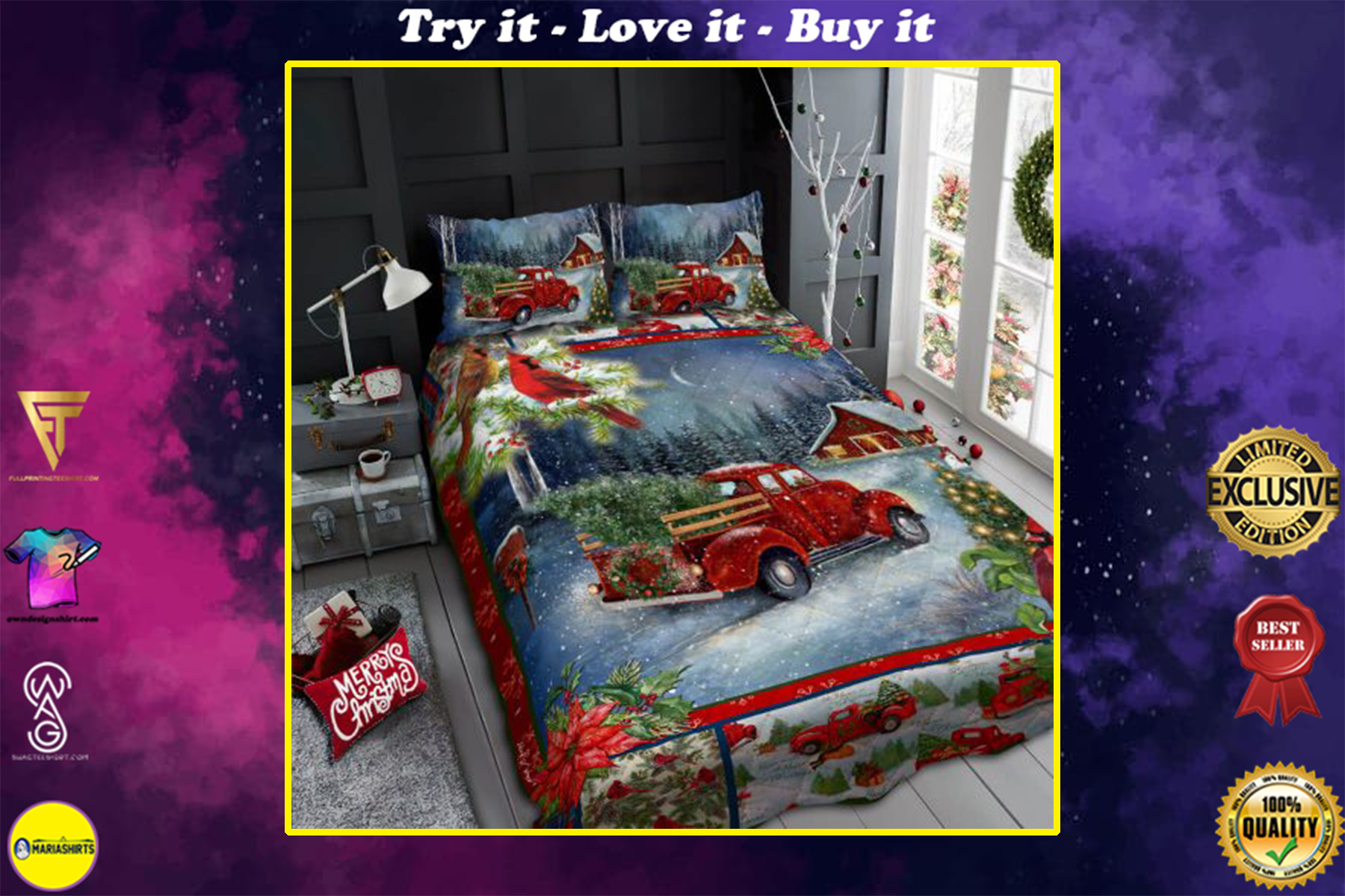 [highest selling] christmas red truck and cardinal all over print bedding set - maria