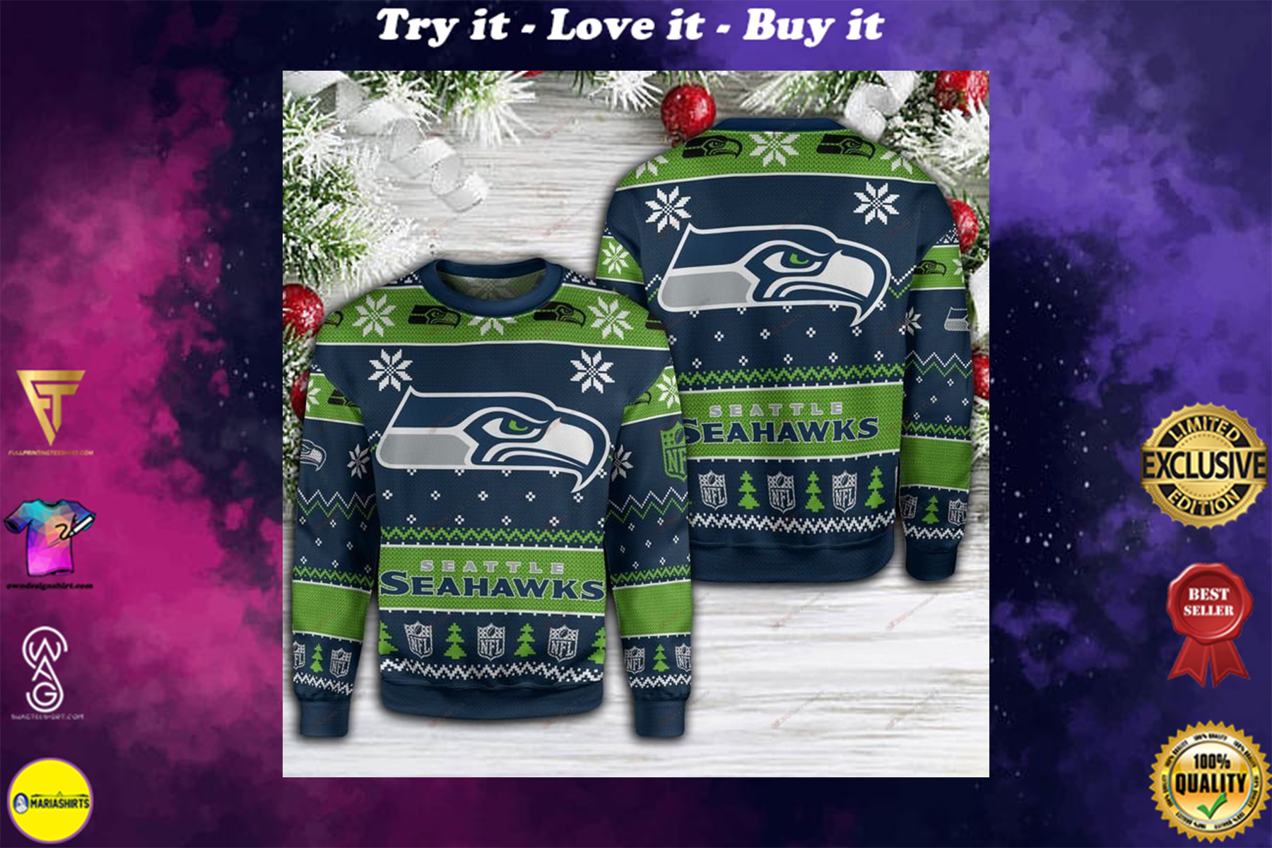 seatle seahawks football full printing ugly sweater