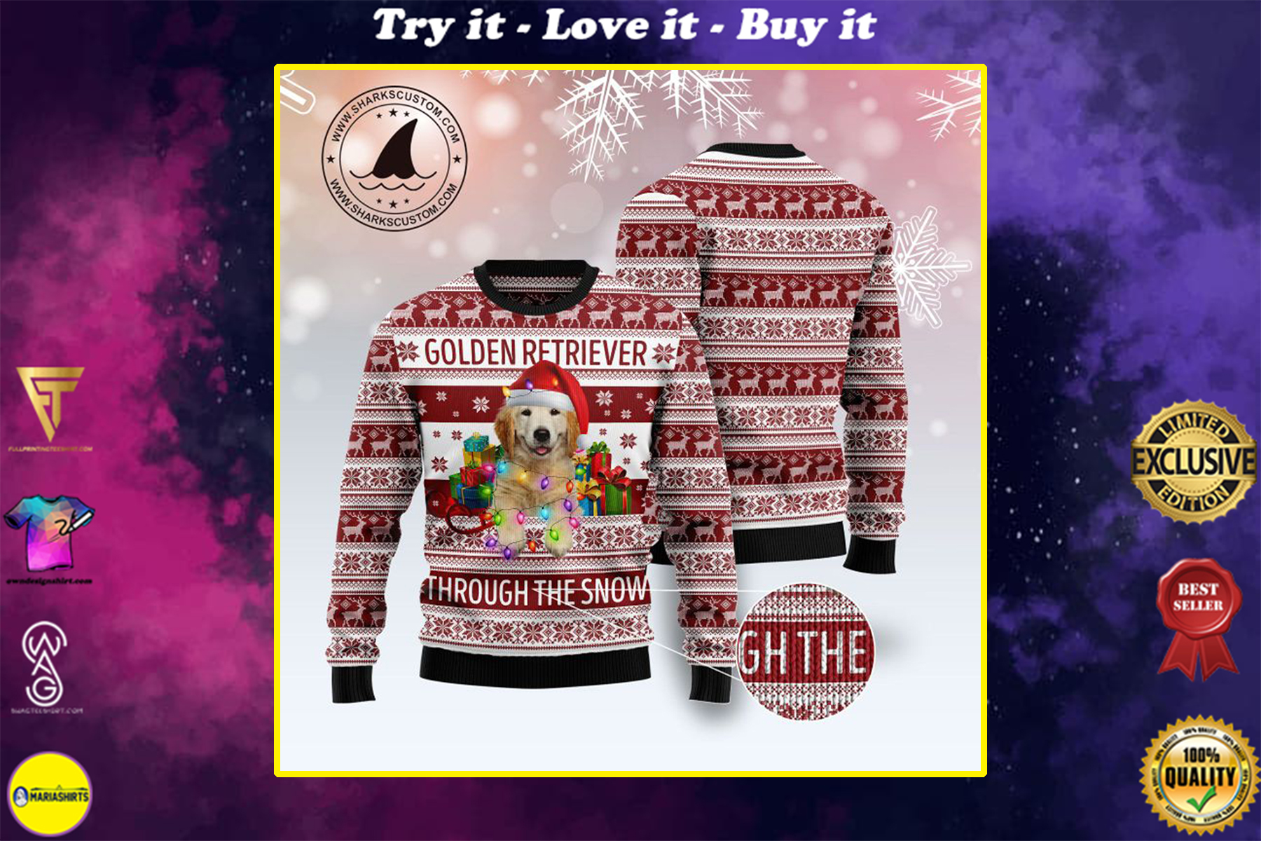 golden retriever through the snow full printing christmas ugly sweater