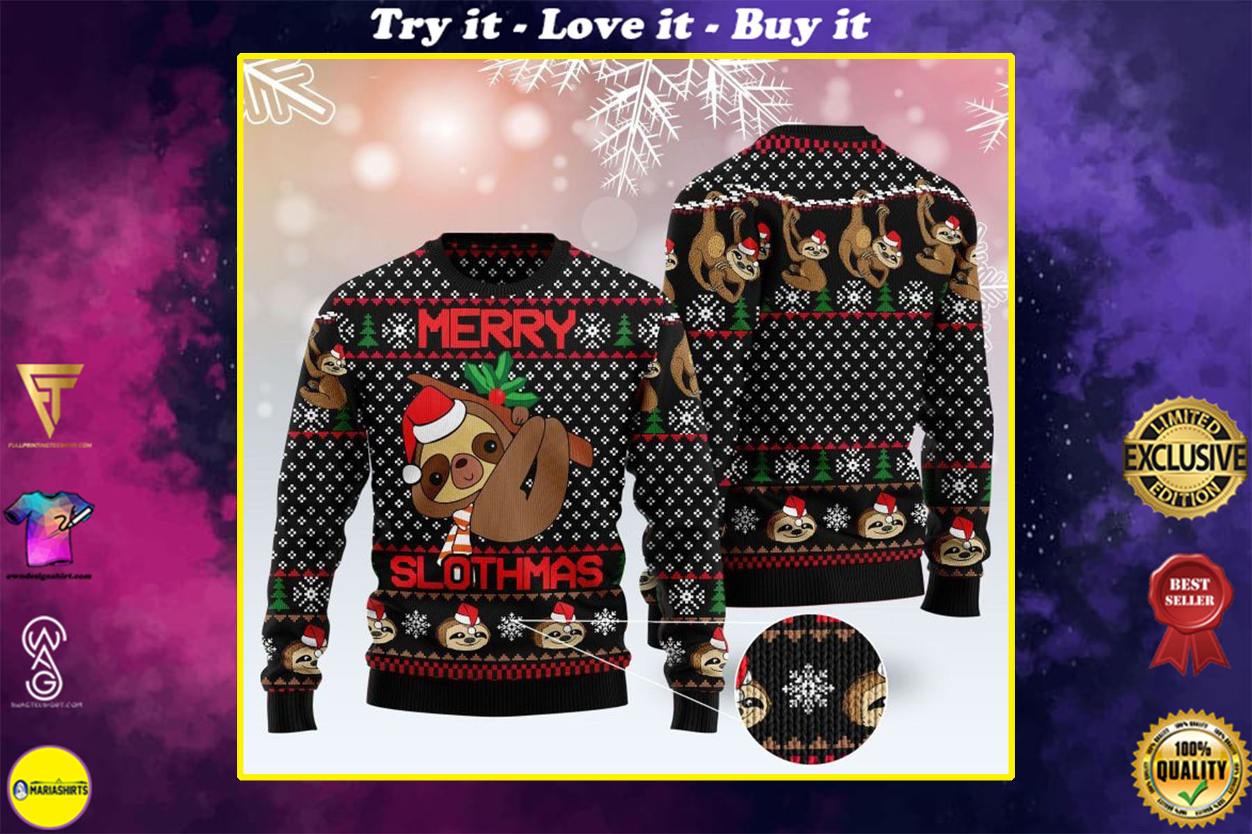 merry slothmas pattern full printing christmas ugly sweater