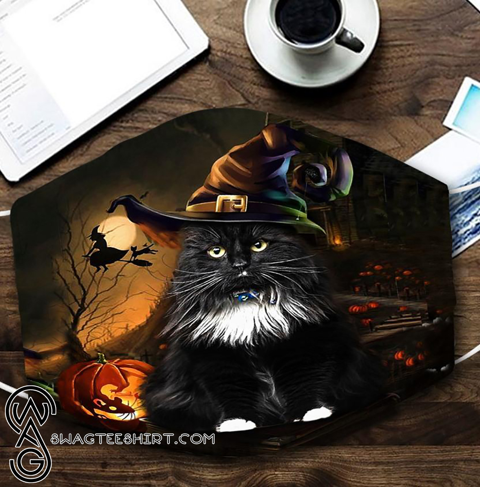 halloween black cat with witch hat all over printed face mask – maria
