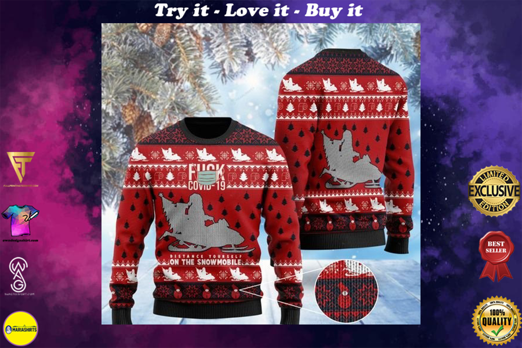 santa claus fuck covid distance yourself on the snowmobile ugly sweater