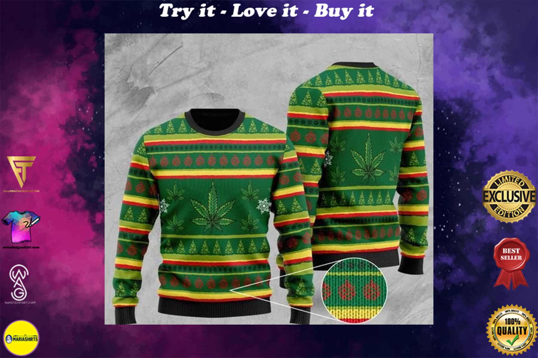 cannabis wool all over printed christmas ugly sweater
