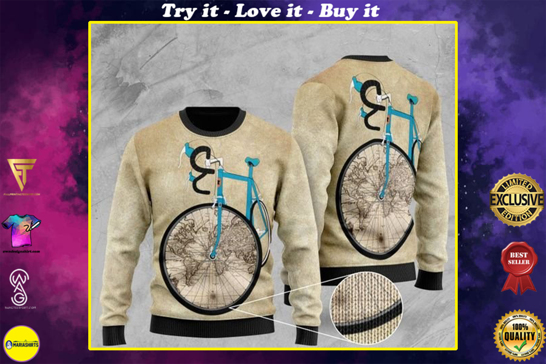 [highest selling] bicycle and world map pattern full printing christmas ugly sweater – maria