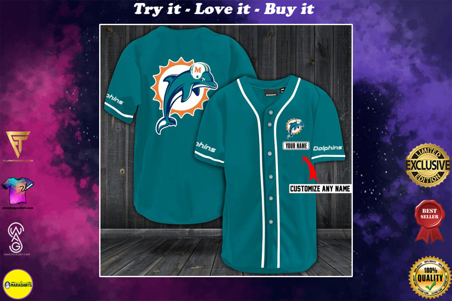 personalized name miami dolphins baseball shirt – maria
