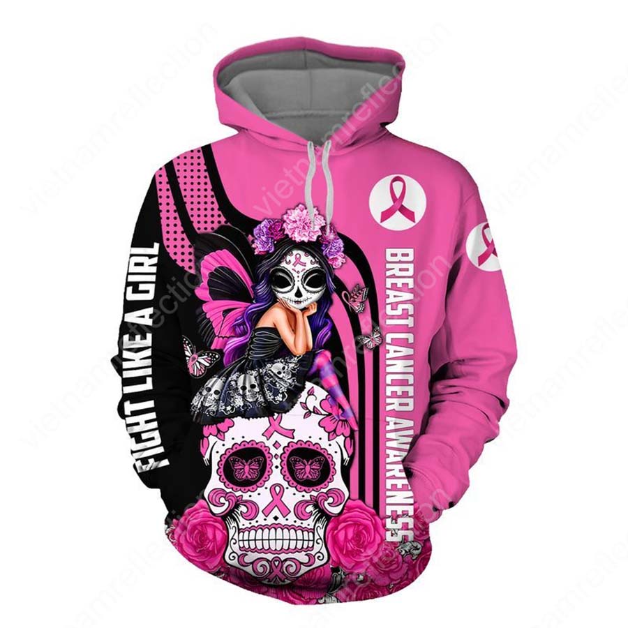 Sugar skull fairy Fight like a girl Breast cancer awareness 3d hoodie