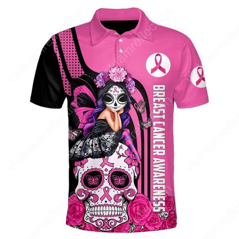 Sugar skull fairy Fight like a girl Breast cancer awareness 3d polo shirt