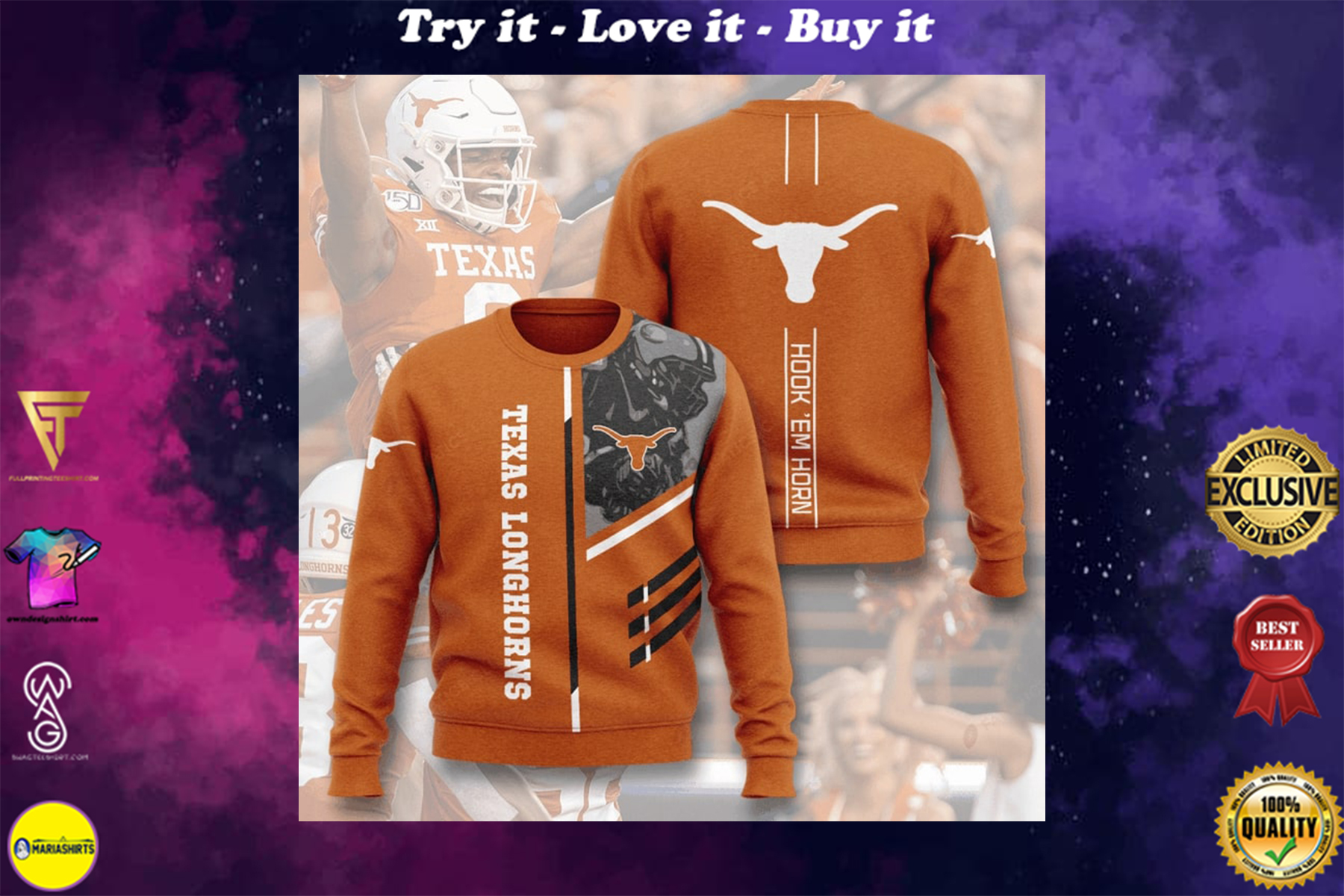[highest selling] texas longhorns football hook em horn full printing ugly sweater - maria