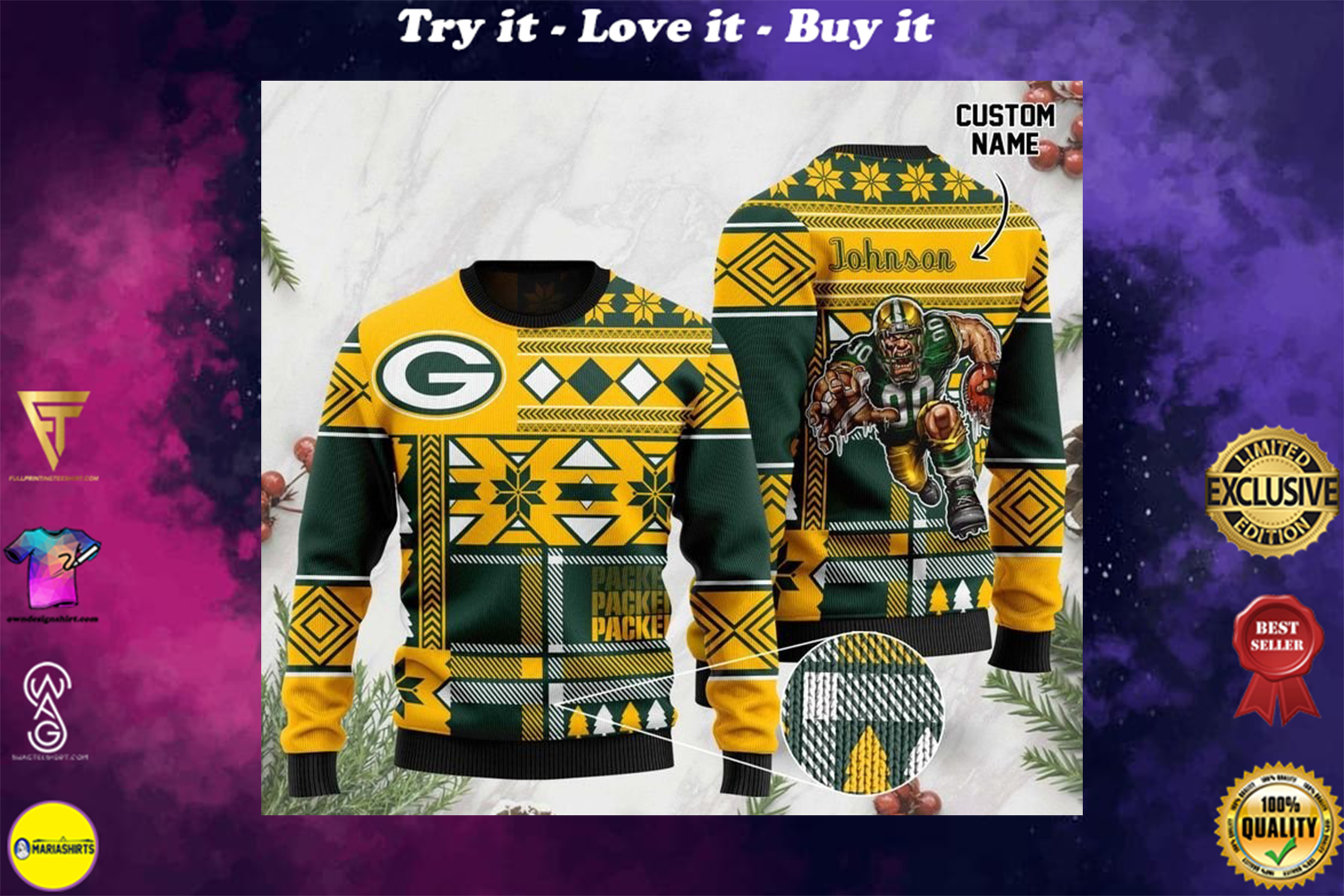 [highest selling] custom name green bay packers football team christmas ugly sweater – maria