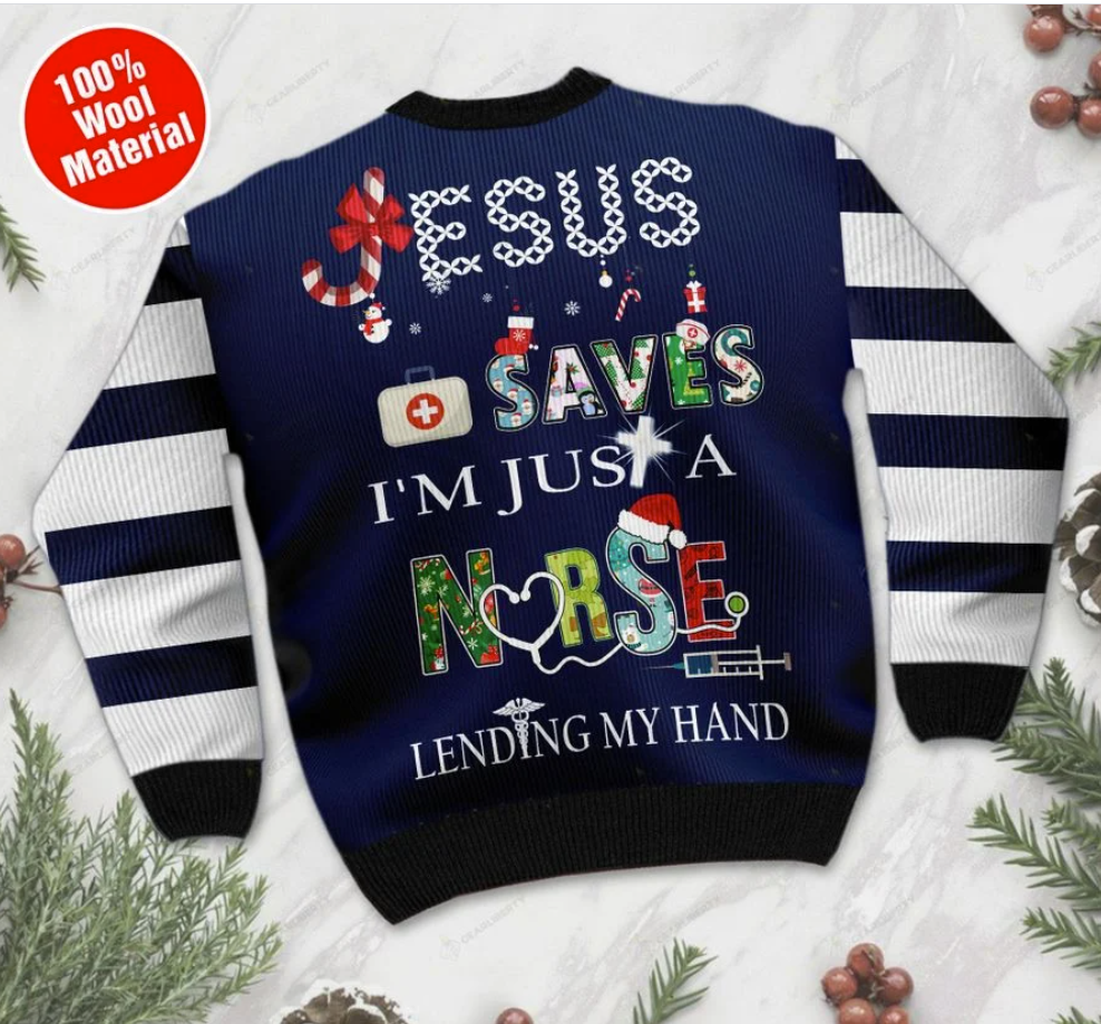 Jesus saves i'm just a nurse lending my hand ugly sweater 2