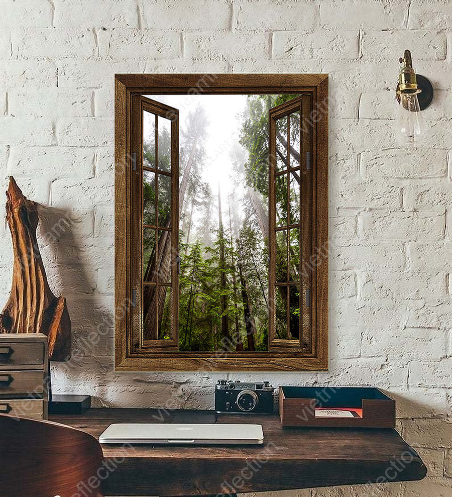 Tall Tree In Forest Through Rustic Window Canvas