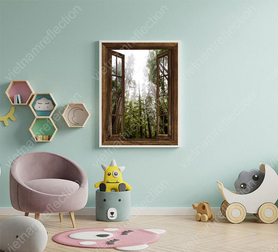 Tall Tree In Forest Through Rustic Window Canvas