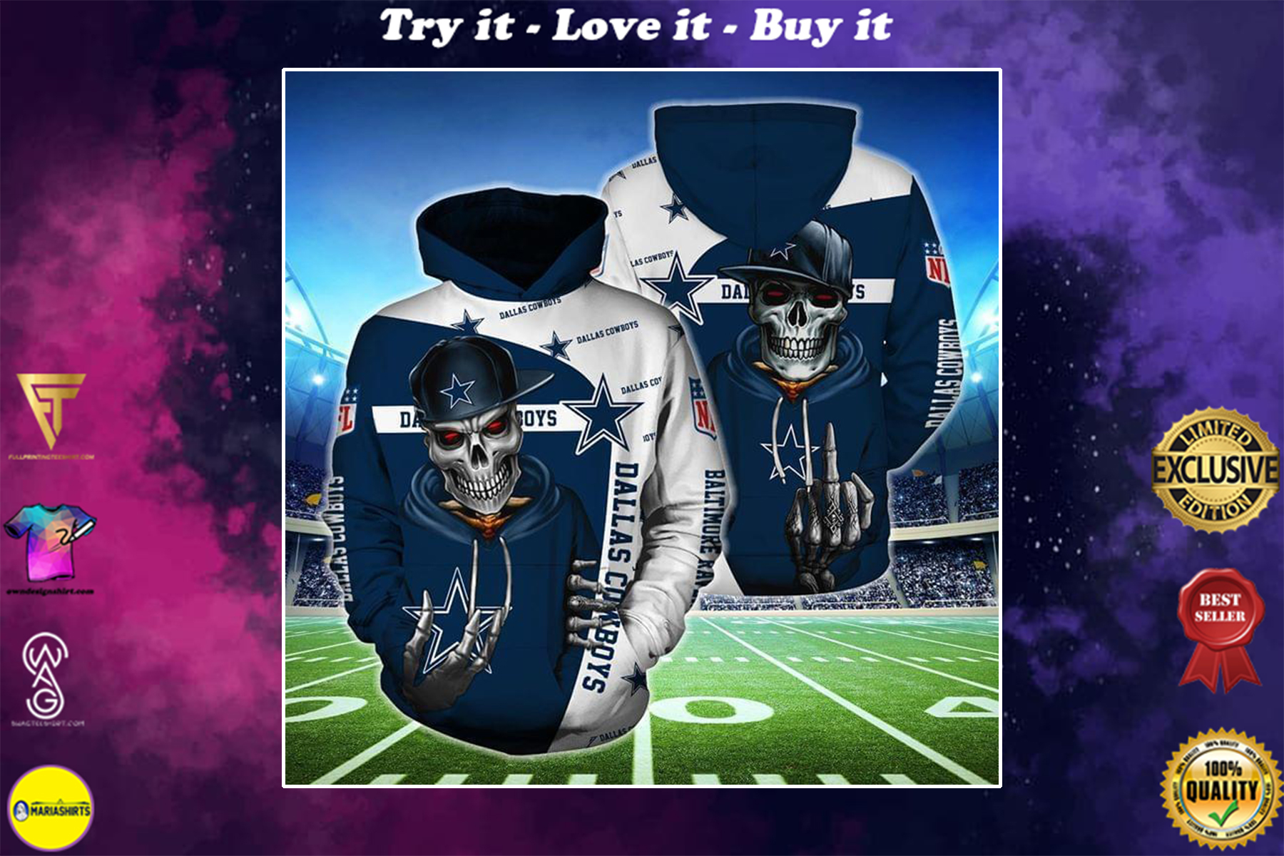 [highest selling] hip hop skull dallas cowboys football team full over printed shirt - maria