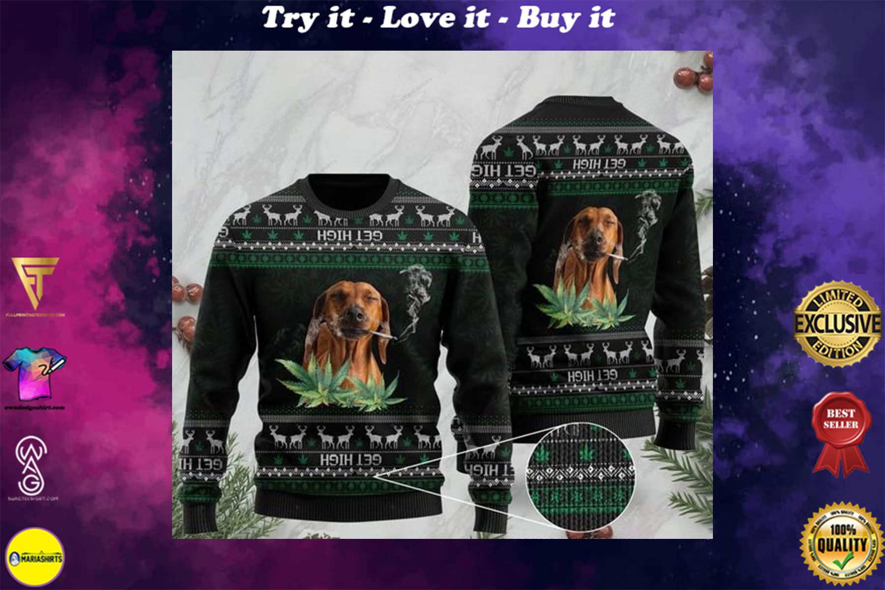 dachshund get high cannabis ugly sweater