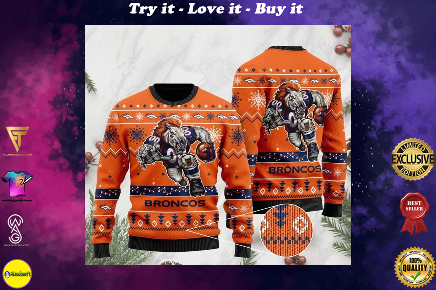 the denver broncos football team christmas ugly sweater