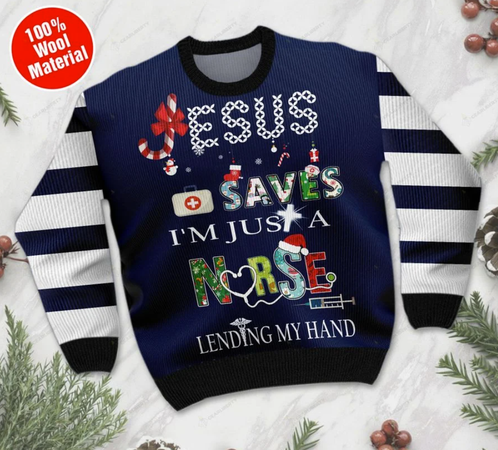 Jesus saves i'm just a nurse lending my hand ugly sweater 1