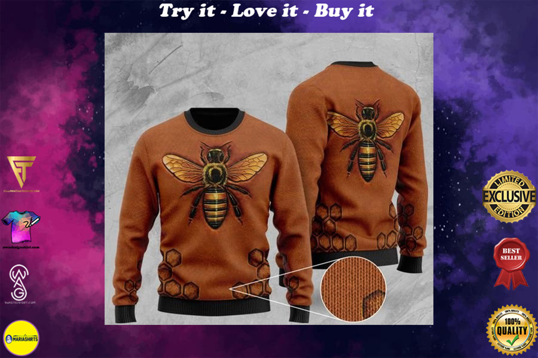 love bee all over printed christmas ugly sweater