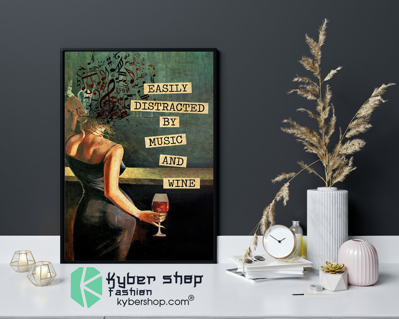 Vintage girl easily distracted by music and wine poster