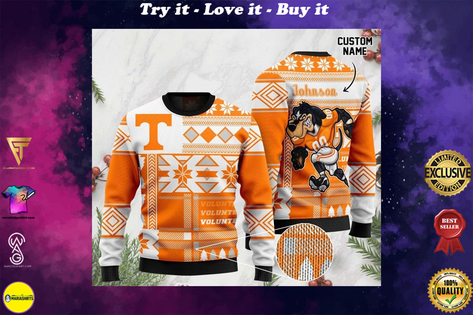 [highest selling] custom name tennessee volunteers football christmas ugly sweater – maria
