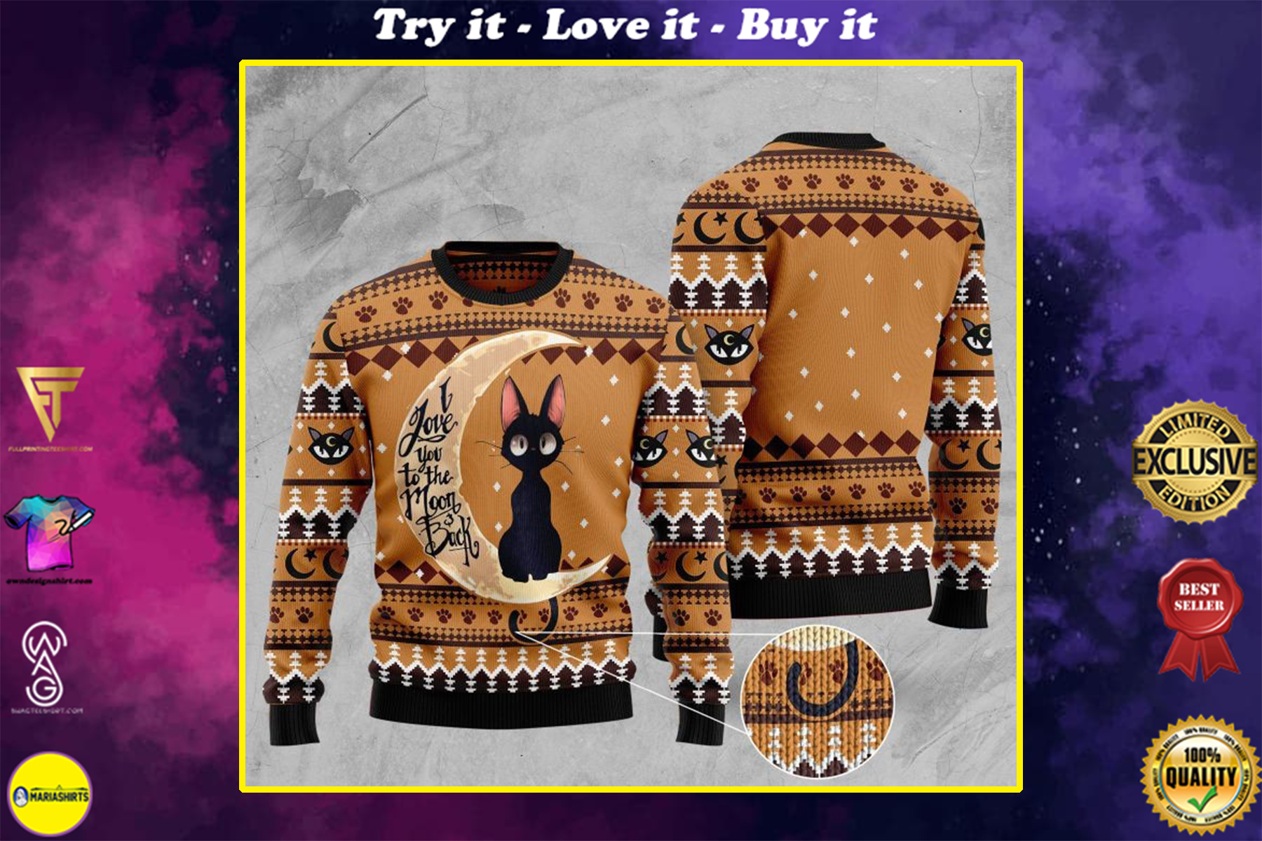 [highest selling] black cat i love you to the moon and back full printing christmas ugly sweater – maria