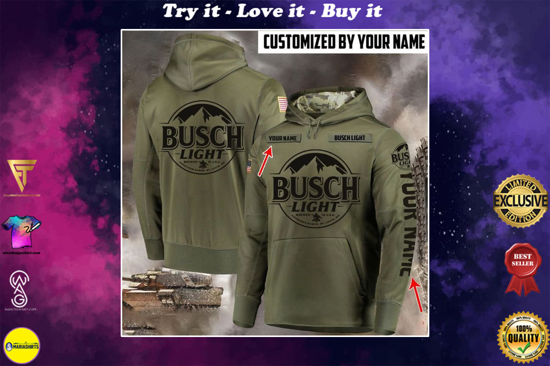 Custom name busch light beer full printing hoodie – maria