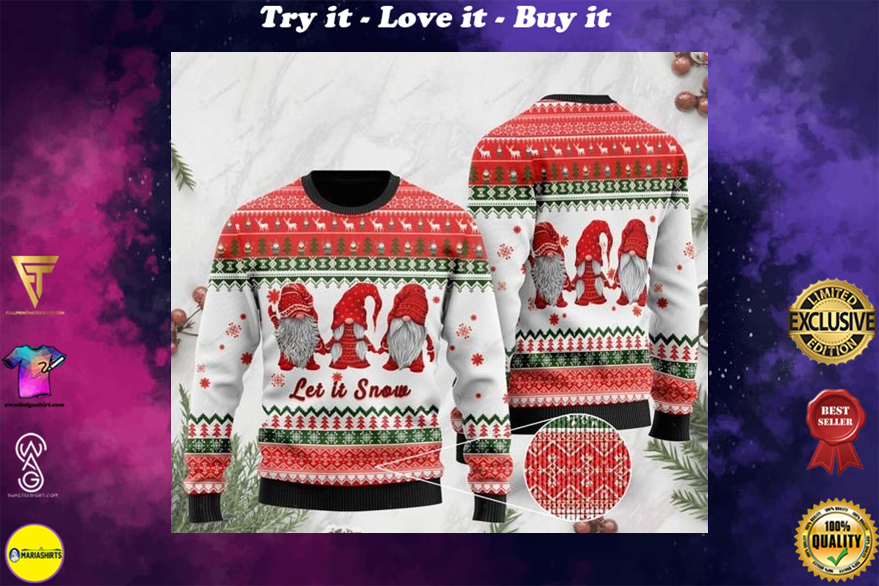 christmas time let it snow garden gnomes ugly sweater